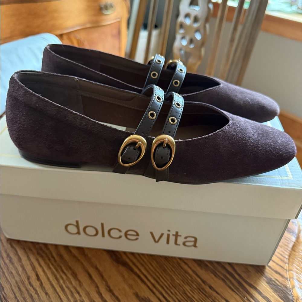 Dolce Vita Women's Brown Suede Mary Jane Flats with Gold Buckles